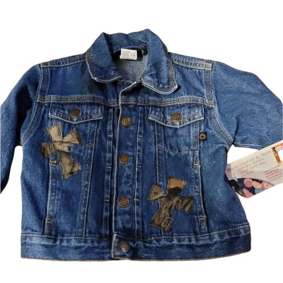 Custom Denim Blue Jean Jacket With Ironed/Stitched Crosses - Picture 2 of 5